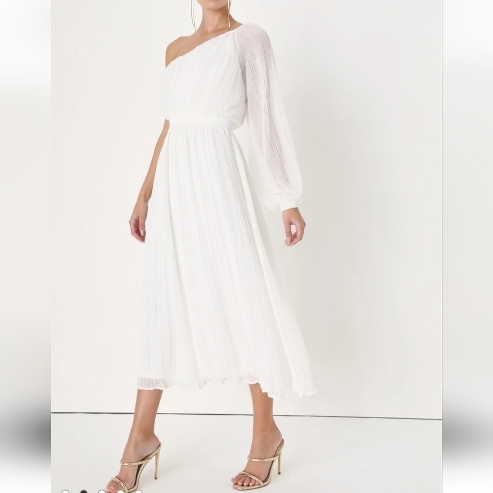 Always Loving You White Pleated One-Shoulder Midi Dress NWT XSMALL